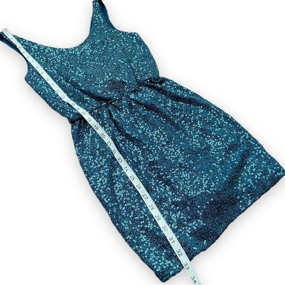 𝅺EXPRESS Teal Sequin Low Surplice Back Cocktail Mini Dress - Picture 10 of 14